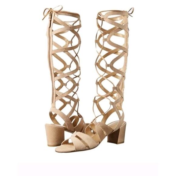 Stuart Weitzman Shoes Womens Size 8.5 Beige Suede Gladiator Lace Up Block Heel - Picture 1 of 16